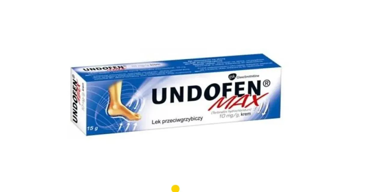 Opakowanie kremu Undofen Max na grzybicę paznokci. Skuteczny lek przeciwgrzybiczy w tubce 15 g.
