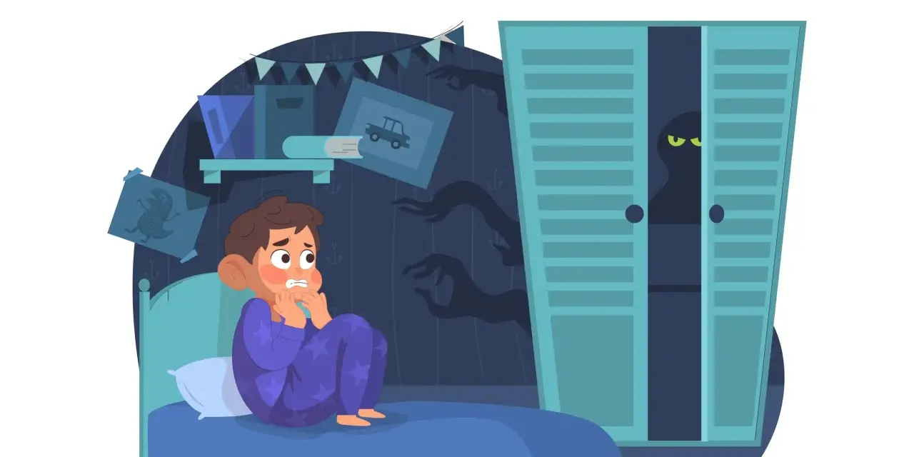 Ein Junge im Bett, ängstlich wegen Schatten und einem Monster im Schrank. Illustration zum Thema Umgang mit Angst bei Kindern.