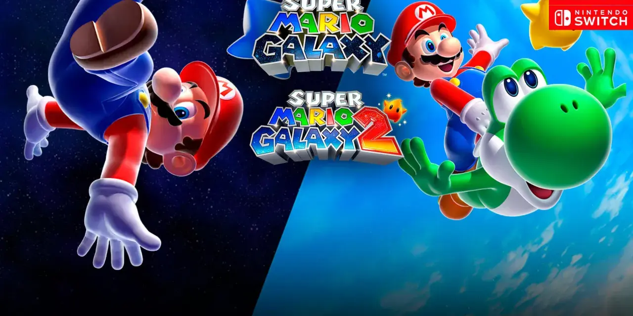 Mario Bros. y Yoshi vuelan por el espacio y el cielo, promocionando Super Mario Galaxy y Super Mario Galaxy 2 para Nintendo Switch.