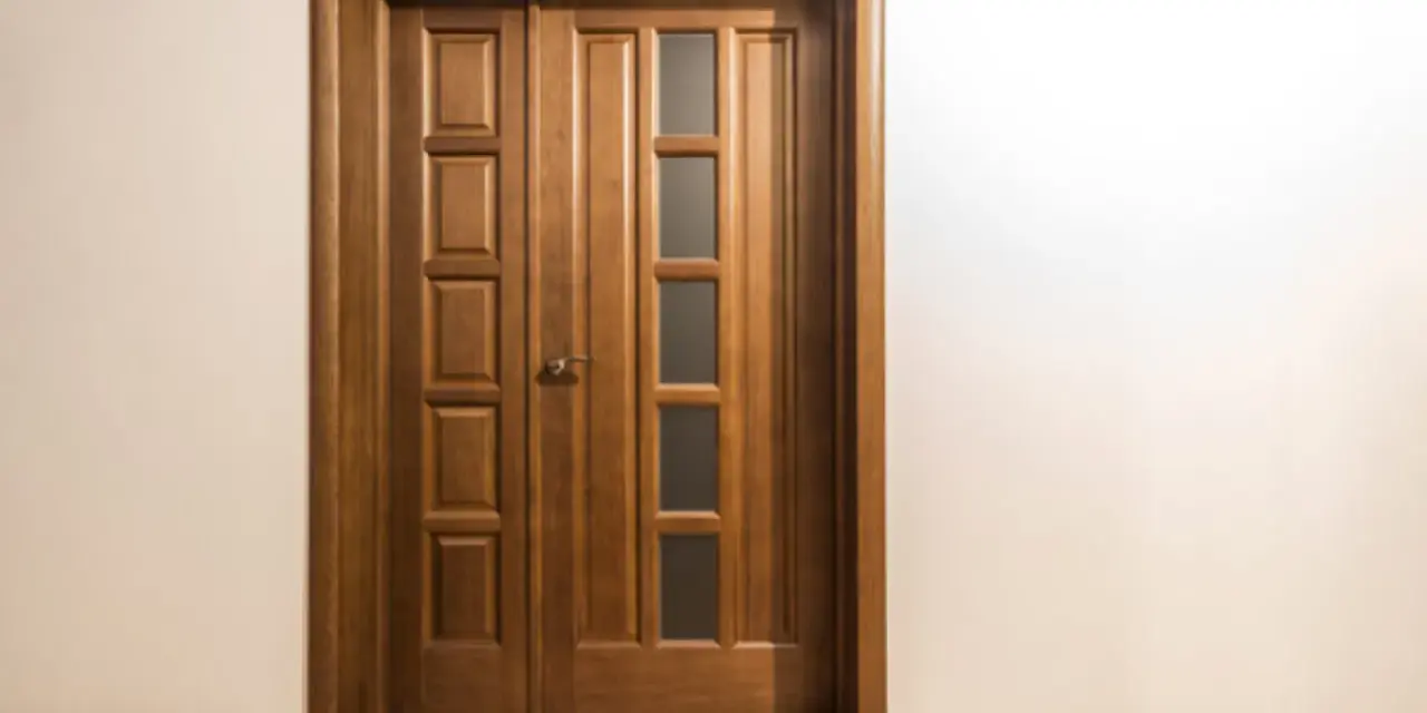 Puertas dobles de madera con paneles y vidrio, ideales para inspirarte sobre como elegir el color de las puertas de interior.