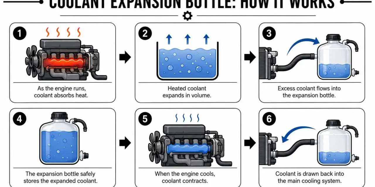 Diagram shows how coolant absorbs engine heat, expands, flows to an expansion bottle, and returns as the engine cools.