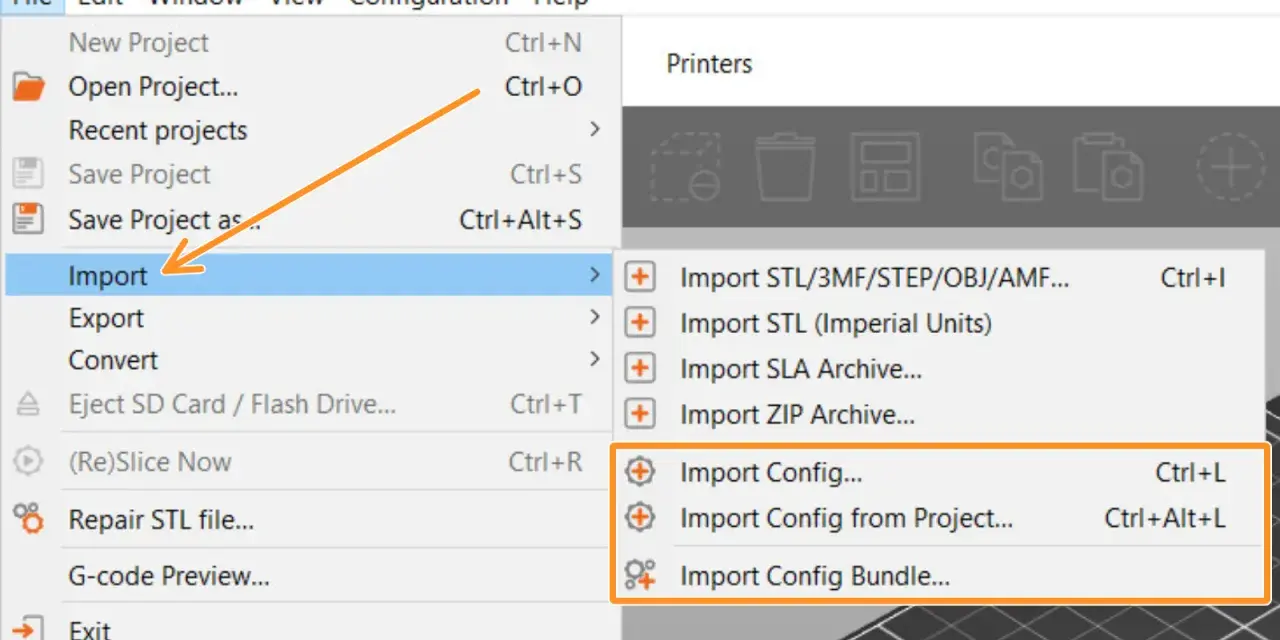 Menu "Import" w slicerze Prusa, z podświetloną opcją "Import Config...".