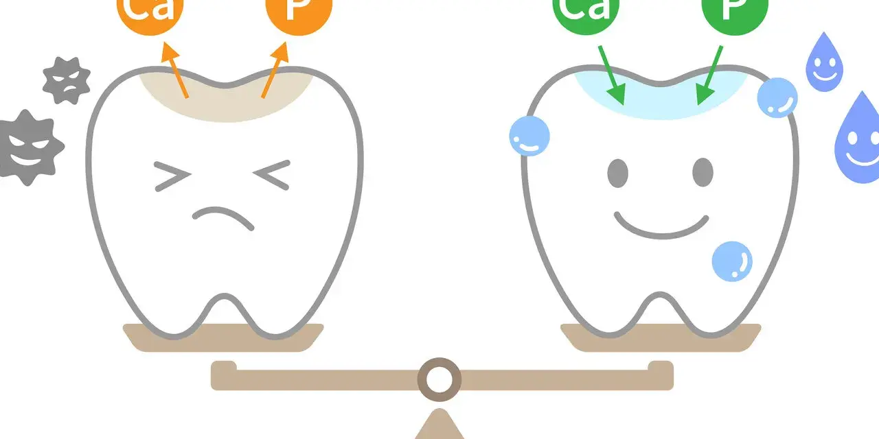 Ilustracja pokazuje proces remineralizacji szkliwa u dentysty. Ząb po lewej jest smutny, atakowany przez bakterie, z ubytkiem. Po prawej, ząb jest uśmiechnięty, z kroplami wapnia i fosforanów, co symbolizuje zdrowie.