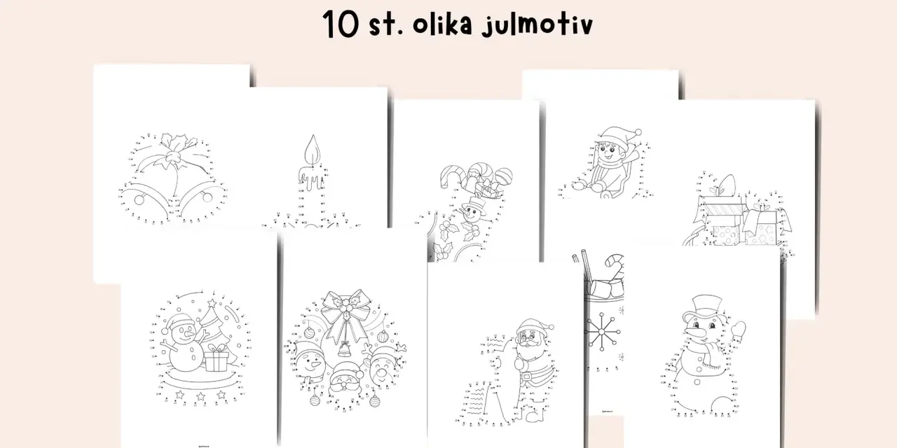 Jul ritningar med siffror för att öva på att rita 10 olika julmotiv, som snögubbar, tomtar och presenter.