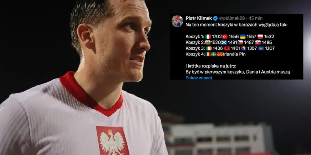 Piłkarz w koszulce z orłem na piersi, obok tweet o potencjalnych parach baraży o ekstraklasę.