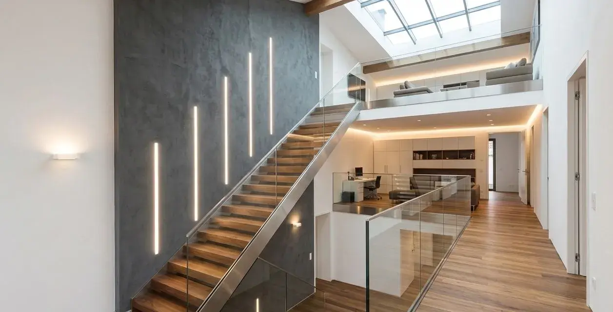 Nowoczesne oświetlenie schodowe LED podkreśla drewniane stopnie i szklane balustrady. Inspiracja, jak podłączyć oświetlenie schodowe.
