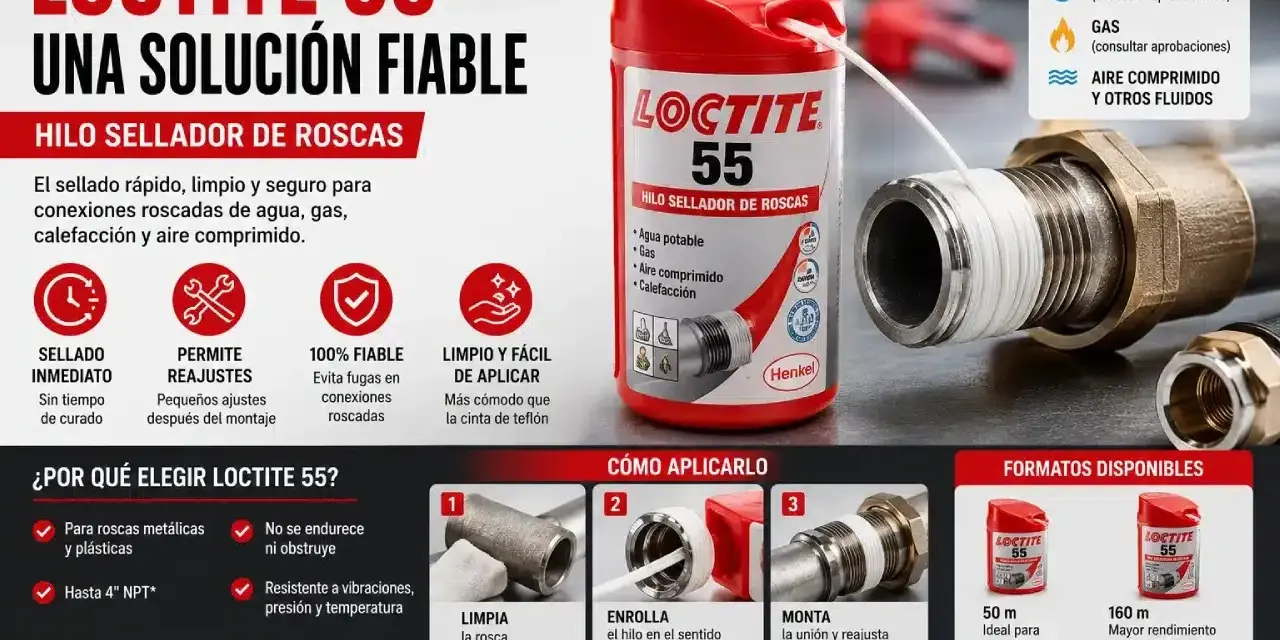 Loctite 55: hilo sellador para conexiones de agua, gas y calefacción. Fácil de aplicar, evita fugas. ¡La solución fiable que buscas!