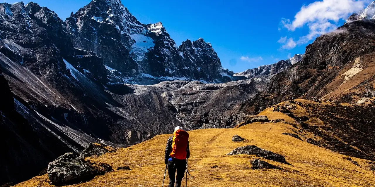 Osoba z plecakiem i kijkami wędruje przez żółtą trawę w kierunku ośnieżonych gór. To jest właśnie co to jest hiking.