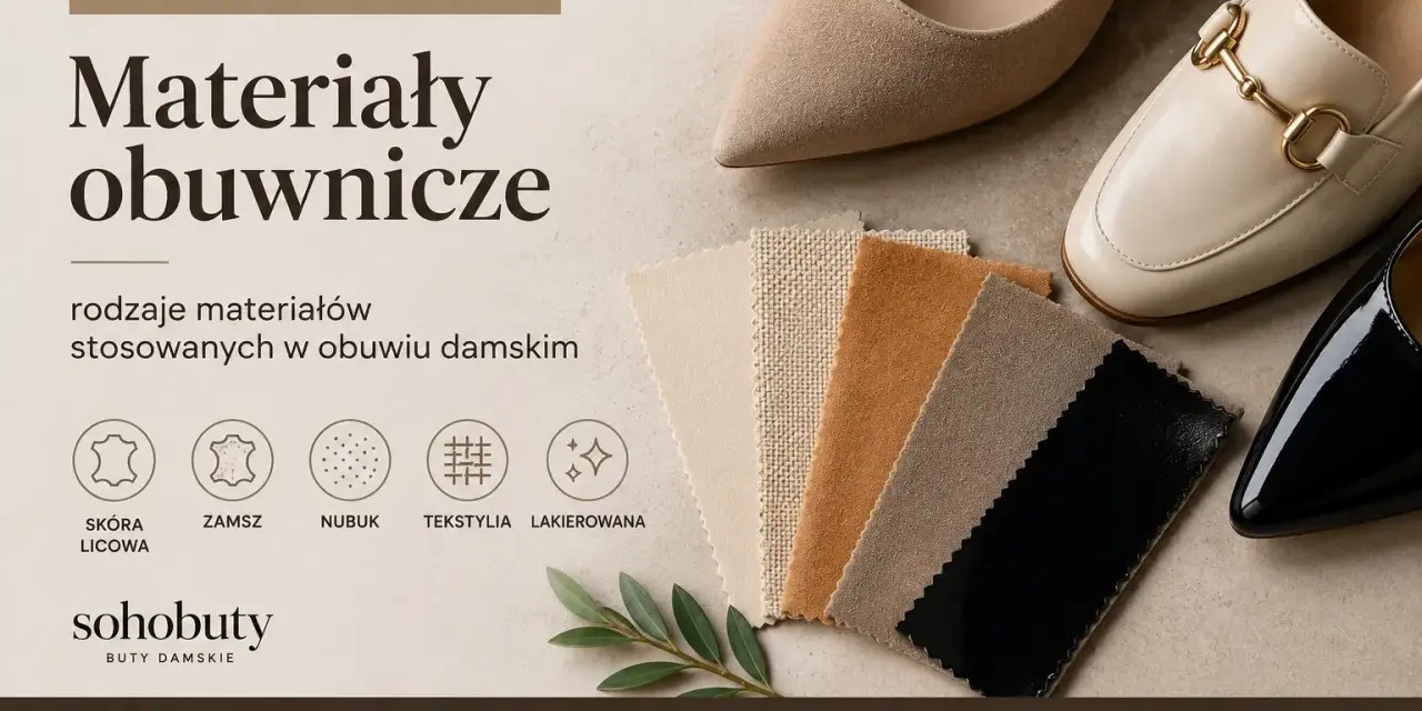 Rodzaje zamszu i innych materiałów w obuwiu damskim. Eleganckie buty i próbki tkanin: skóra licowa, zamsz, nubuk, tekstylia, lakierowana.