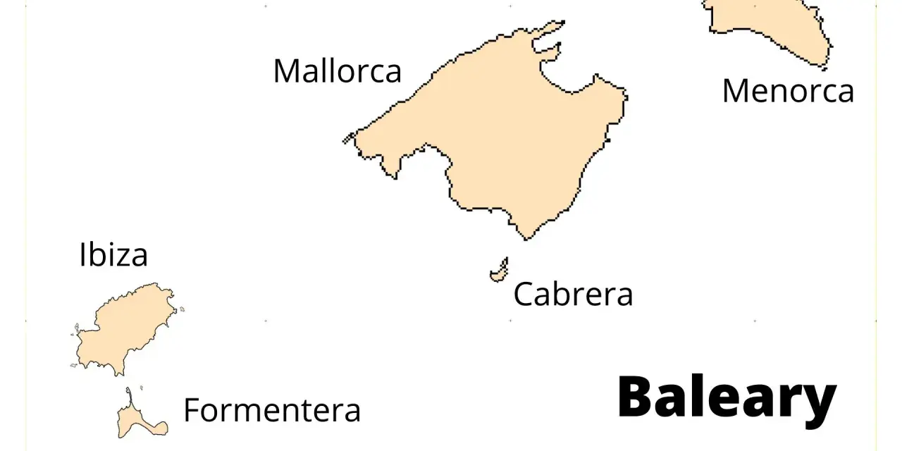 Baleary: jakie wyspy? Mapa pokazuje Majorkę, Minorkę, Ibizę, Formenterę i Cabrerę.