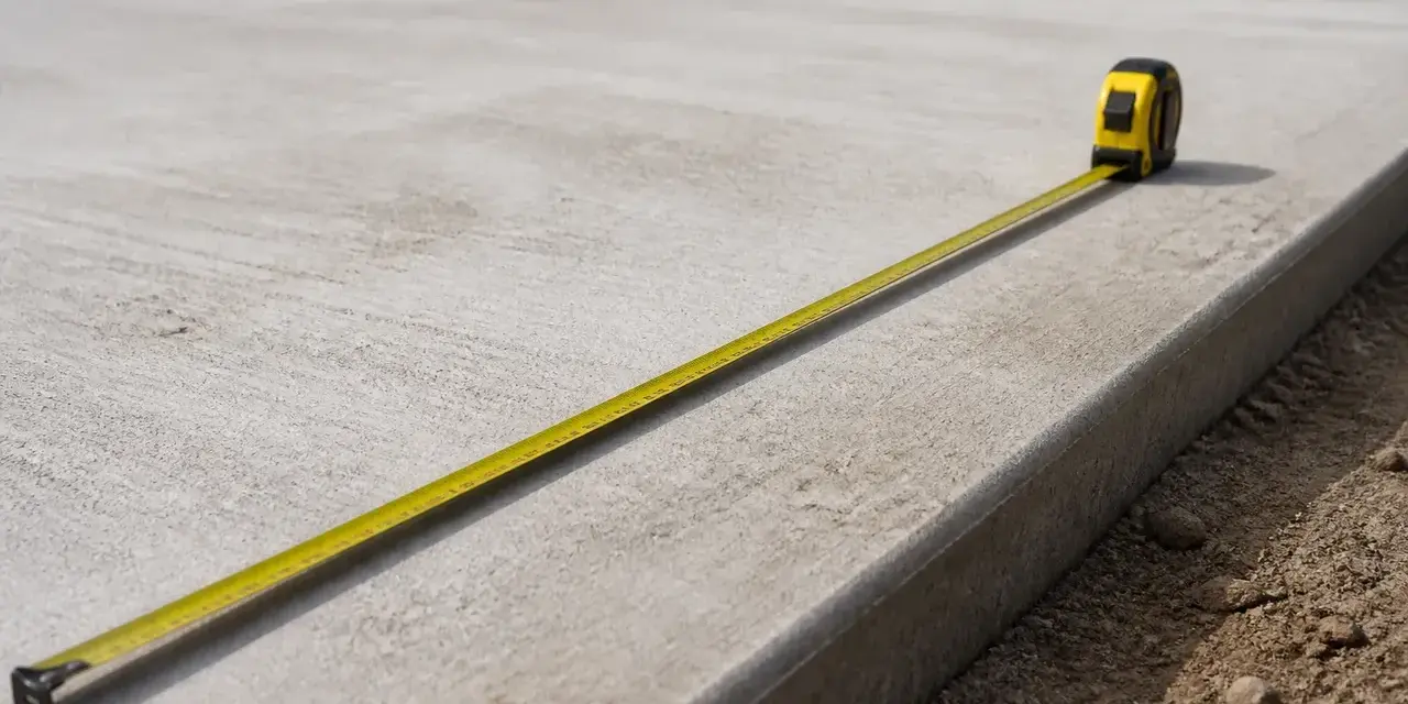 Mètre ruban sur une dalle de béton fraîchement coulée, 15 cm d'épaisseur. Le temps de séchage est crucial.