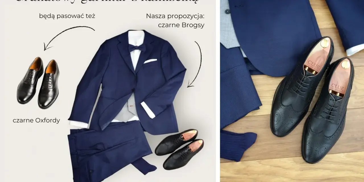 Granatowy garnitur z kamizelką i czarne Brogsy – idealne połączenie. Jakie buty do granatowego garnituru? Brogsy lub Oxfordy.