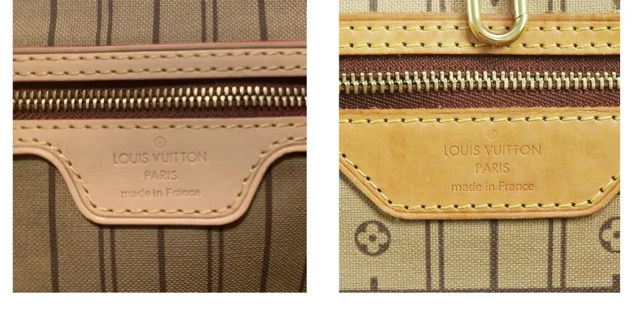 Confronto tra un'etichetta Louis Vuitton falsa e una originale. La dicitura "made in France" è corretta, ma la qualità della pelle e la stampa rivelano la differenza.