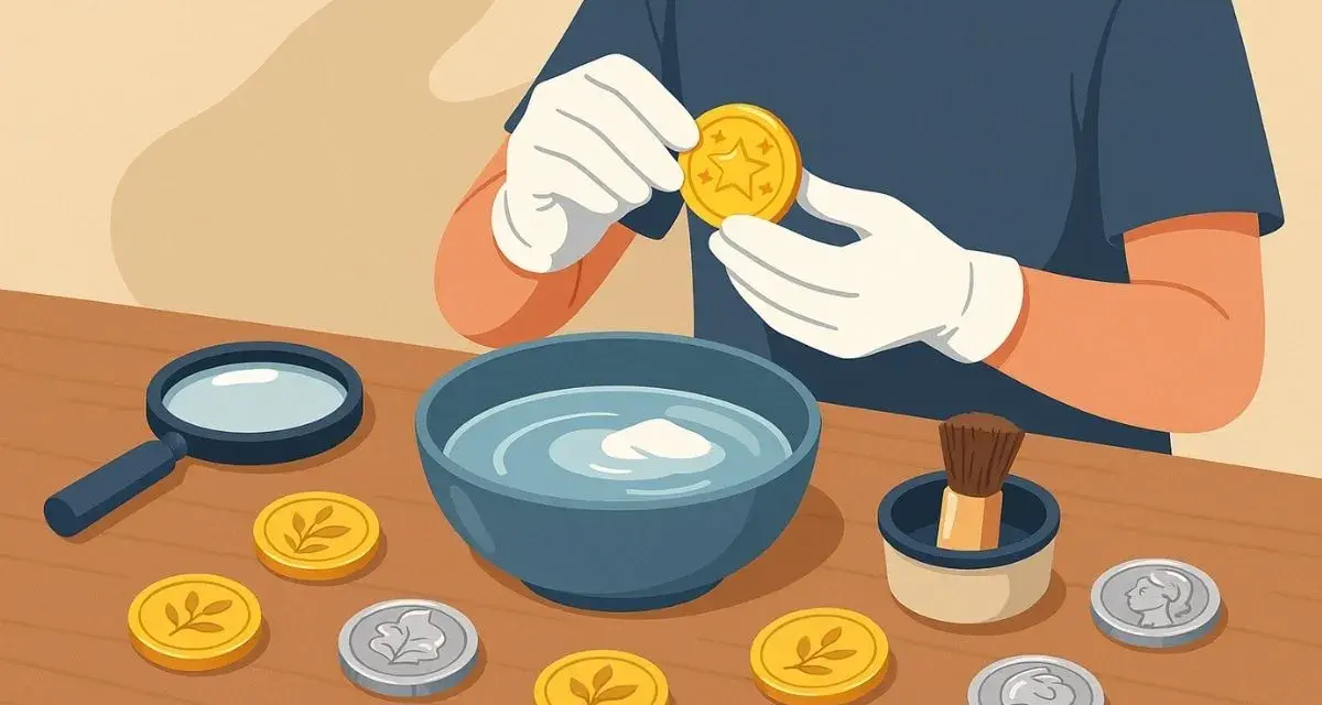 Comment faire briller une pièce de monnaie : une personne avec des gants tient une pièce dorée, près d'un bol d'eau, d'une loupe et d'autres pièces.