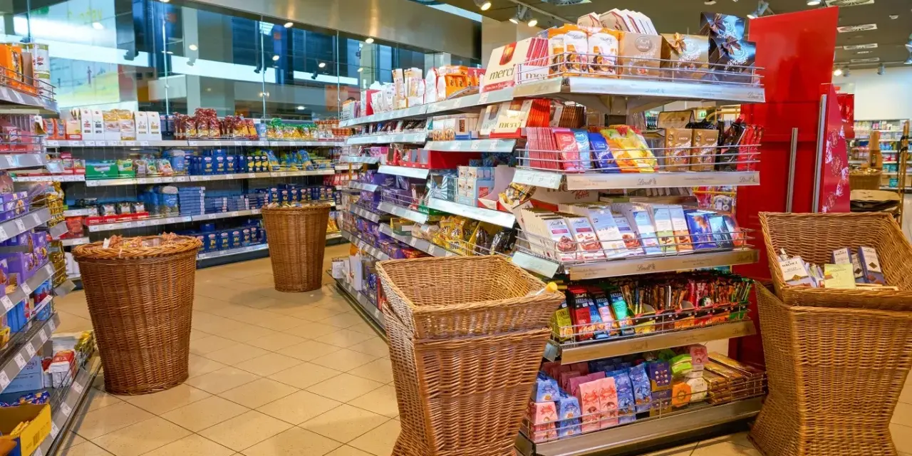 W sklepie z produktami spożywczymi, półki uginają się od słodyczy i przekąsek. Idealne miejsce, by zastanowić się, co warto przywieźć z Niemiec do Polski.