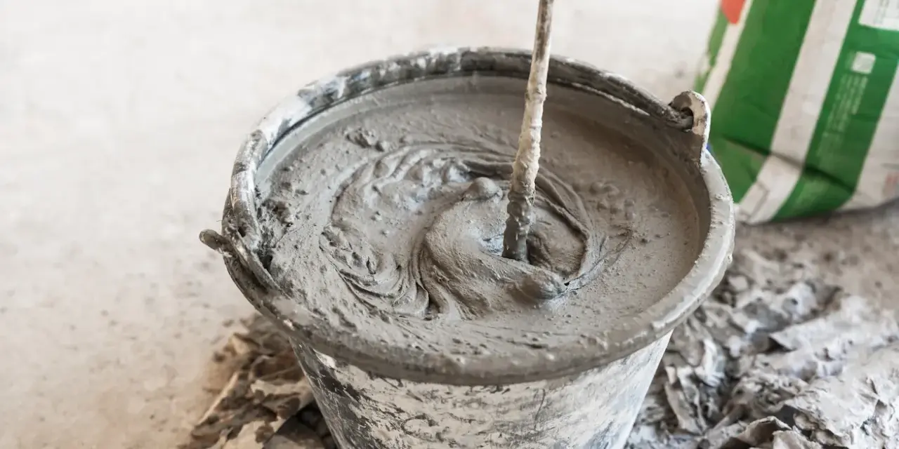 Secchio con malta fresca in preparazione, mostrando la differenza tra malta e cemento. Un sacco di cemento è visibile sullo sfondo.