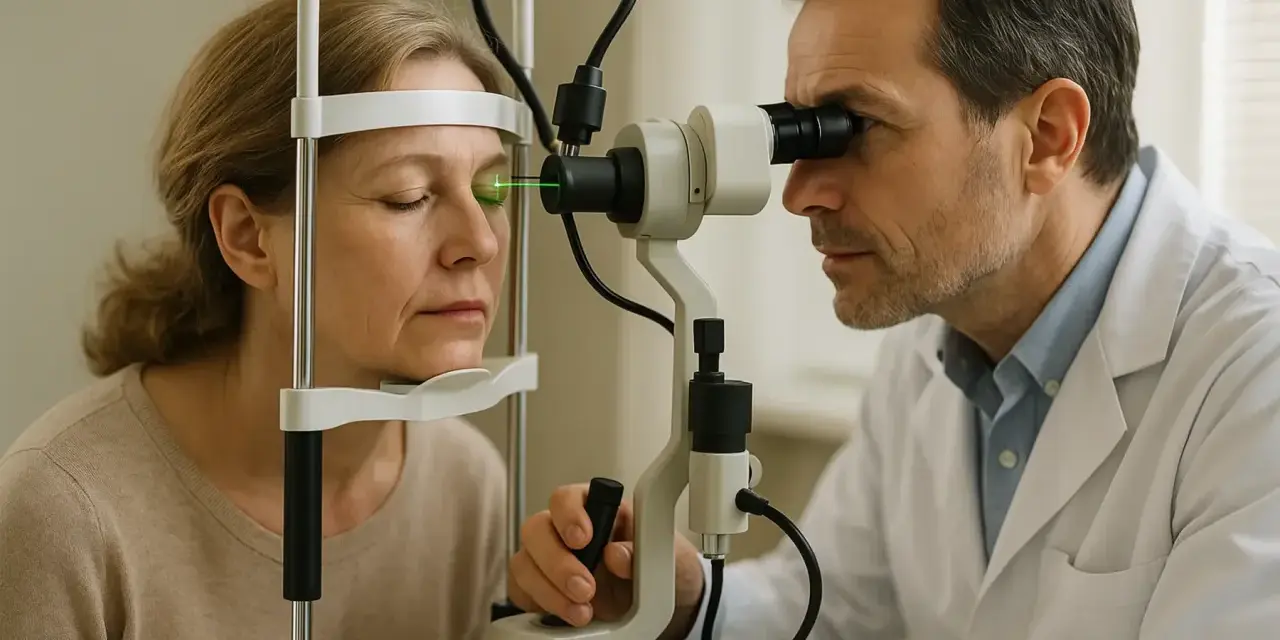 Oculista esegue trattamento laser SLT su paziente. Si discute delle controindicazioni per la salute oculare.