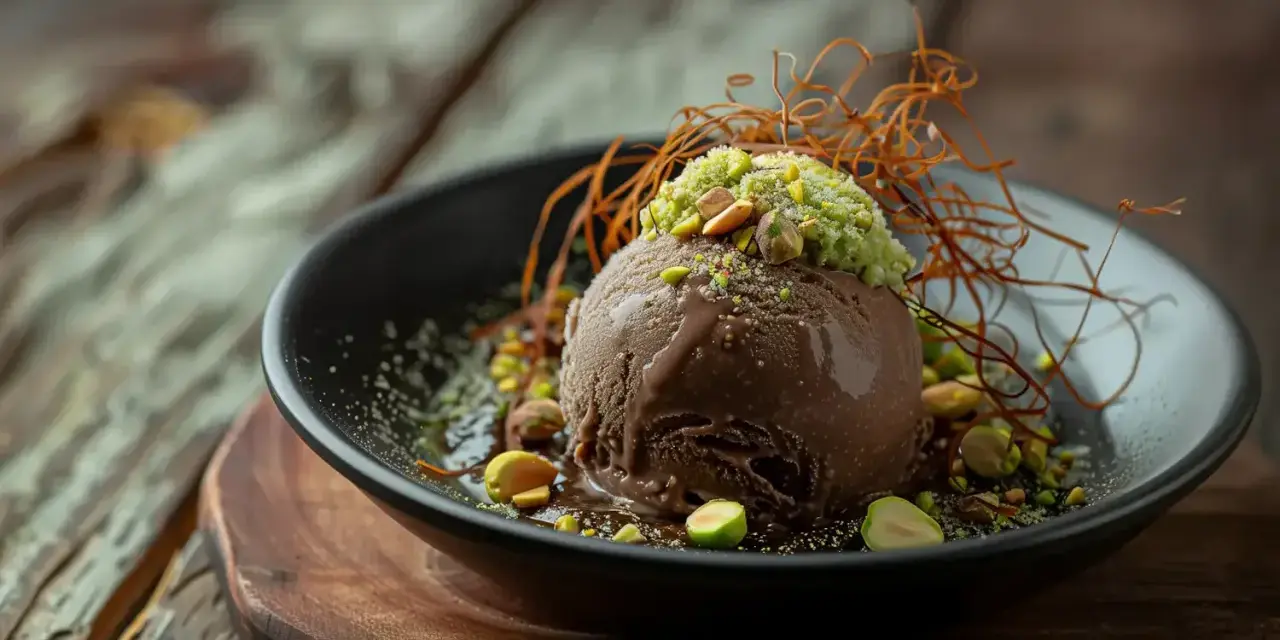 Schokoladeneis-Kugel mit Pistazien und Karamellfäden, ein Hauch von Dubai Eis.