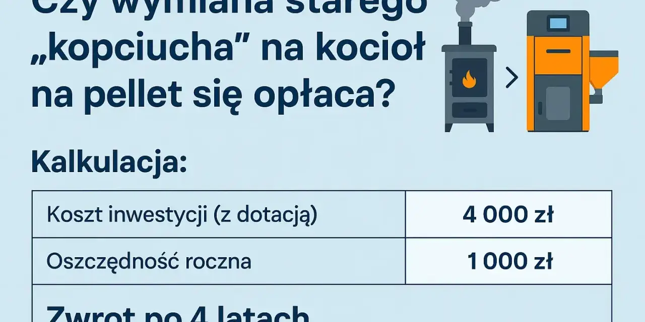 Kalkulacja: piec na pellet opinie. Koszt inwestycji 4000 zł, oszczędność roczna 1000 zł. Zwrot po 4 latach.