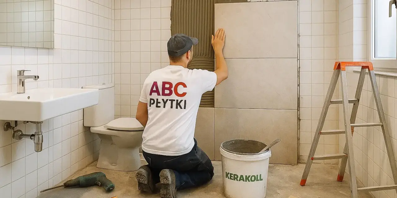 Fachowiec układa płytki na płytki w łazience. Na koszulce widnieje napis "ABC PŁYTKI".