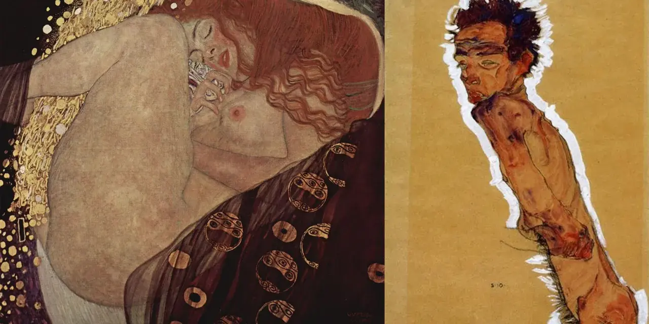 Dwie prace: "Pocałunek" Gustava Klimta, austriackiego malarza, i ekspresyjny portret mężczyzny autorstwa Egona Schiele.