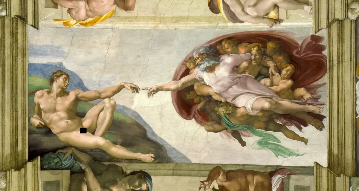 Boski dotyk, iskra życia. Michelangelo ukazuje stworzenie świata, gdy Bóg tchnie życie w Adama.