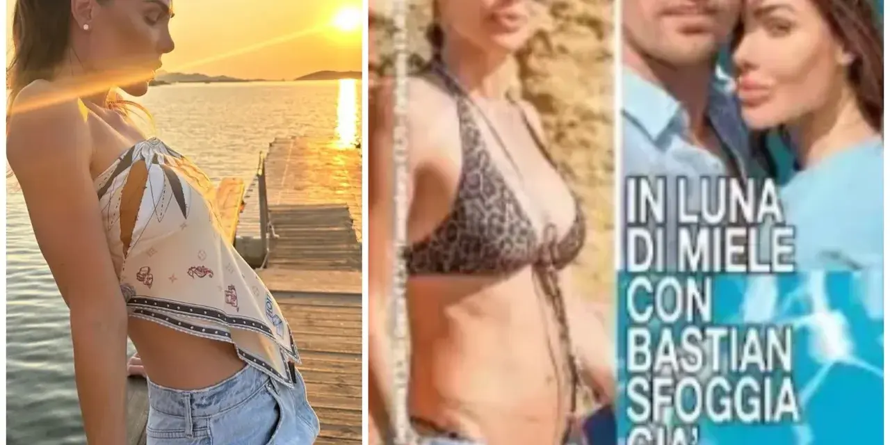 Ilary Blasi incinta, in luna di miele con Bastian, sfoggia il pancino al tramonto.