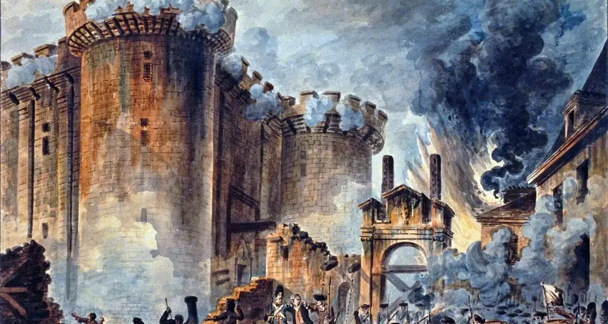 La toma de la Bastilla, símbolo de la escarapela revolucionaria francesa. Humo y caos en el asalto.