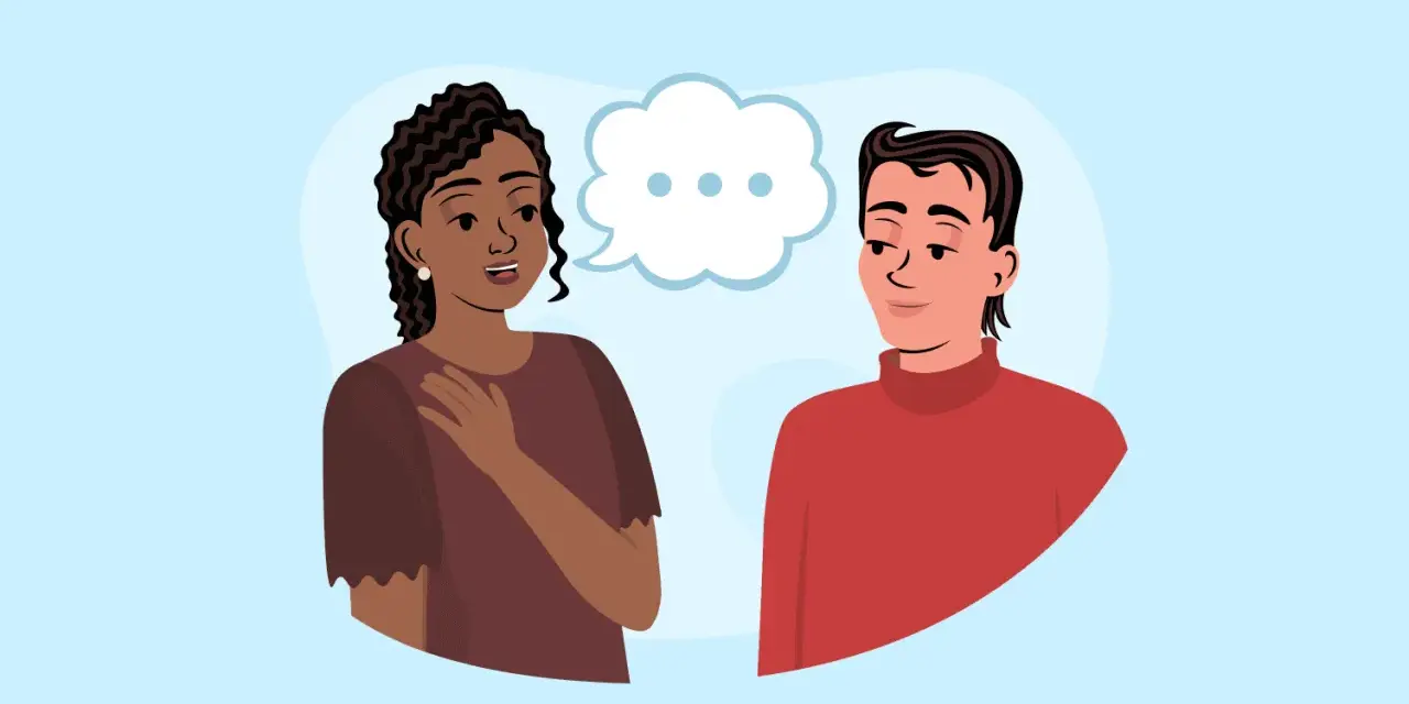 Dos personas conversan. Ella, con mano en el pecho, comparte ideas, quizás inspirada por frases célebres en francés. Él escucha atentamente.