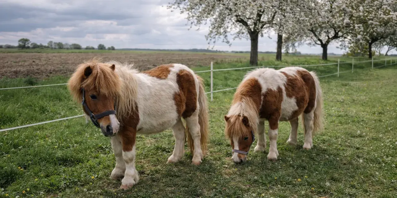 Deux adorables poneys shetland pie, l'un regardant vers l'objectif, l'autre broutant paisiblement dans un pré fleuri sous un ciel nuageux.