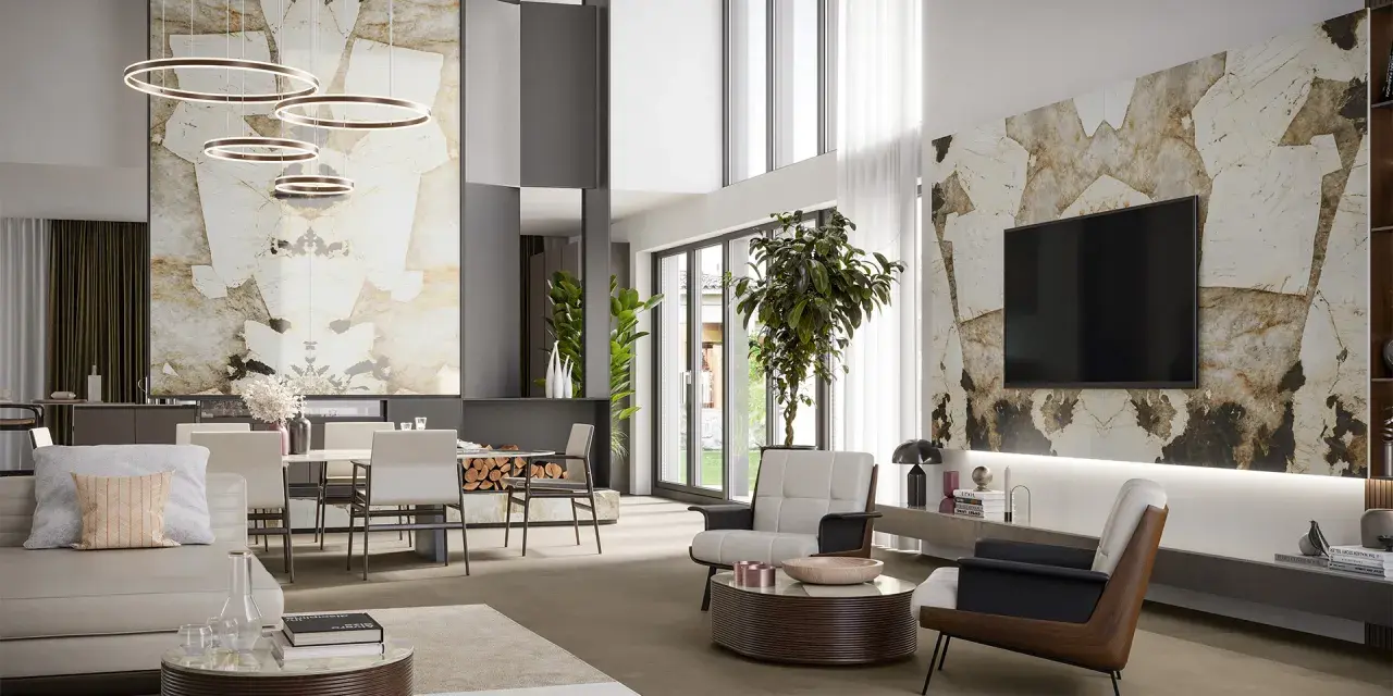 Idee arredare salotto e sala da pranzo insieme: un ambiente moderno con pareti in pietra, mobili di design e illuminazione scenografica.