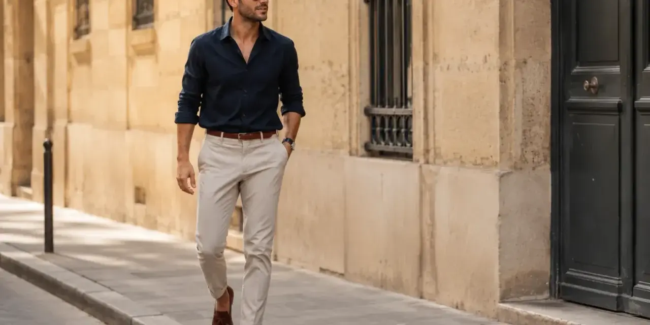 Mężczyzna w granatowej koszuli i beżowych spodniach, prezentujący styl smart casual, spaceruje ulicą.