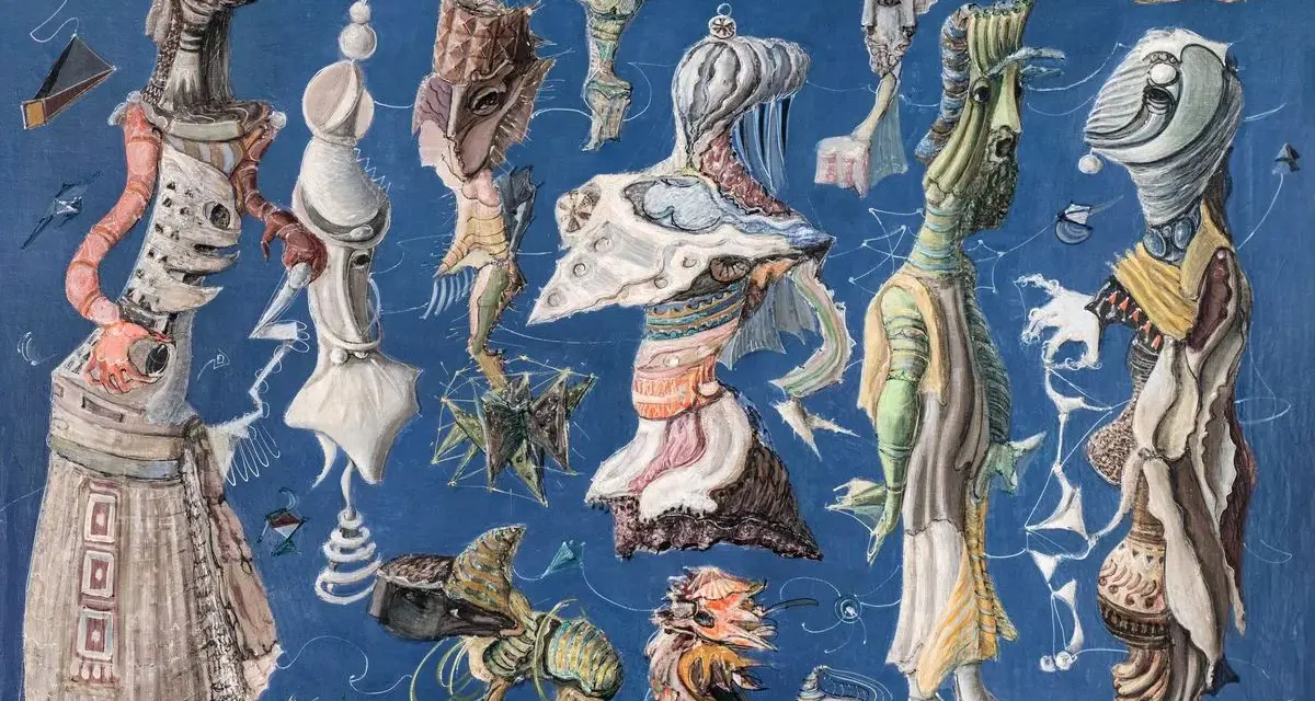 Un tableau aux créatures étranges et oniriques, évoquant le surréalisme. Des formes organiques et mécaniques se mêlent sur fond bleu.