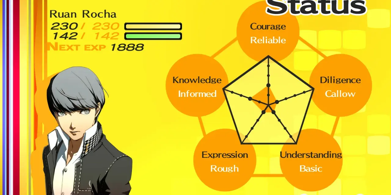 Pantalla de estado de Ruan Rocha en Persona 4 Golden. Muestra sus estadísticas y atributos, como Coraje y Conocimiento, para ayudarte a tomar decisiones en las preguntas del juego.