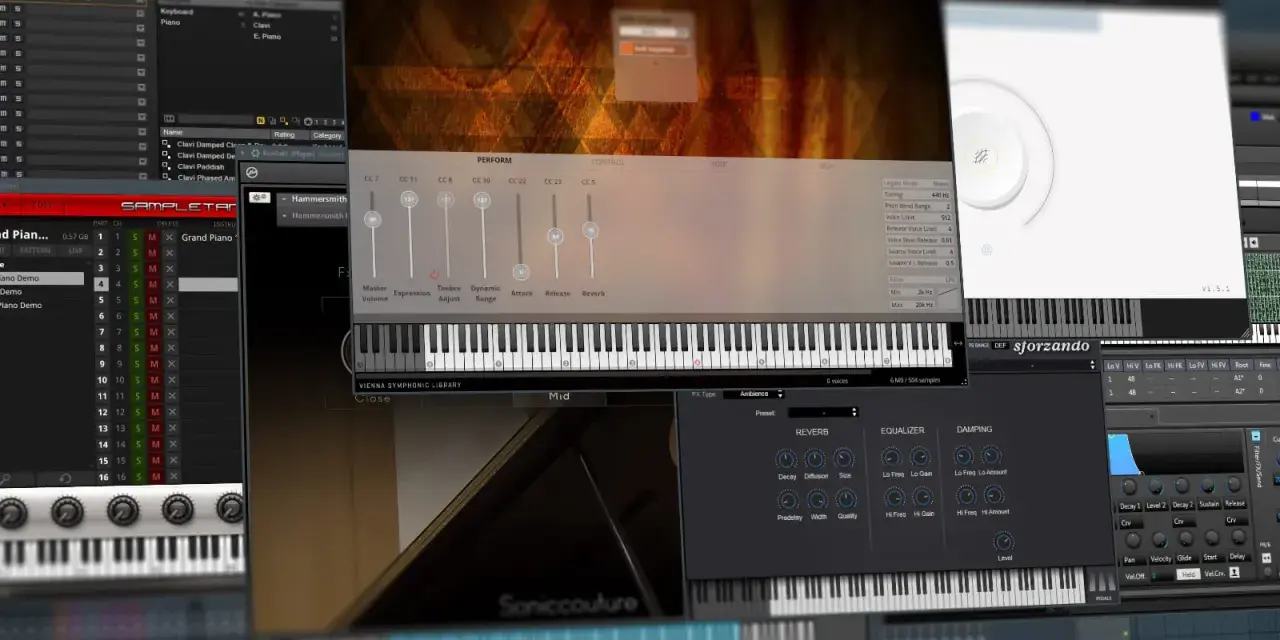 Ein Bildschirm mit einem **VST-Sampler** und verschiedenen Musiksoftware-Fenstern, darunter eine virtuelle Tastatur und Effekte.