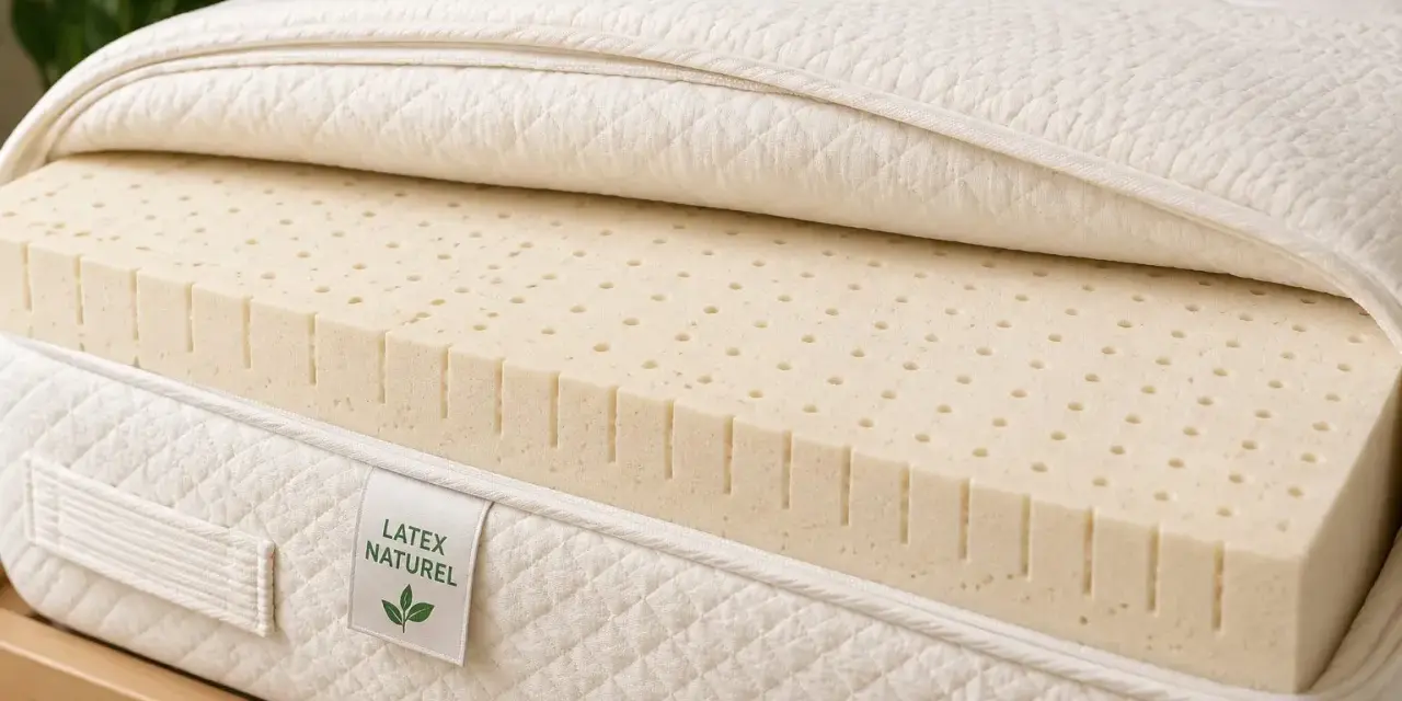 Coupe d'un matelas révélant une couche de latex naturel perforé, gage de confort et de respirabilité.