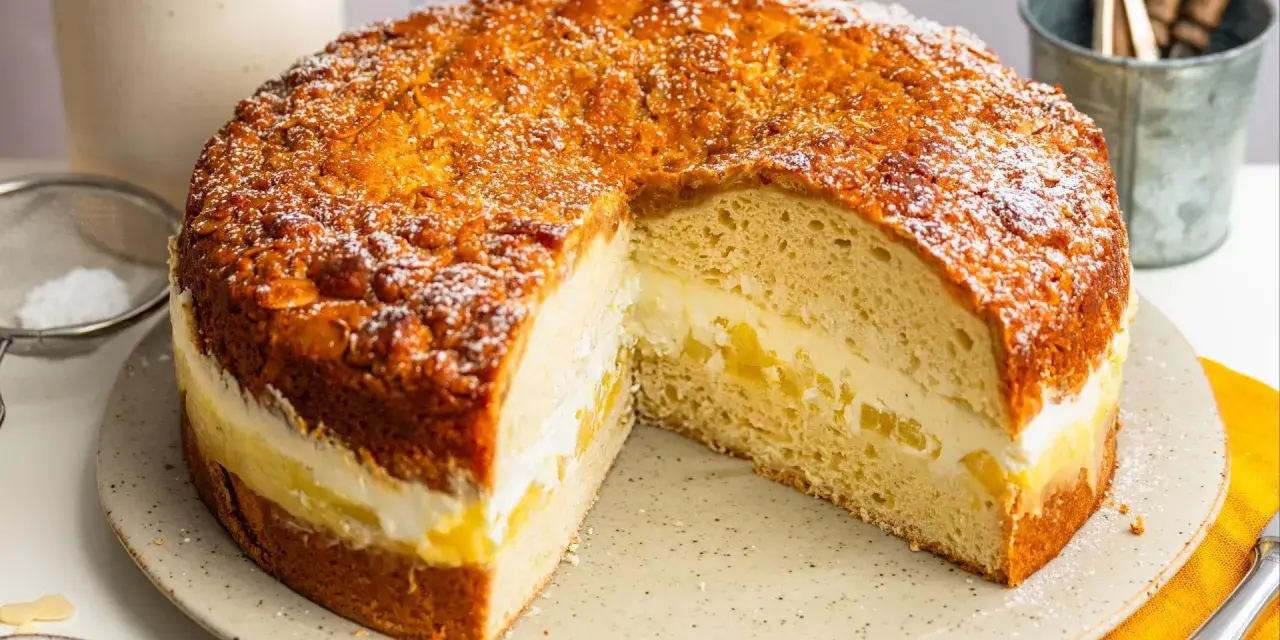 Ein köstlicher Kuchen mit Buttercreme-Füllung und Mandeldecke, inspiriert von Landfrauen Kuchen Rezepten.