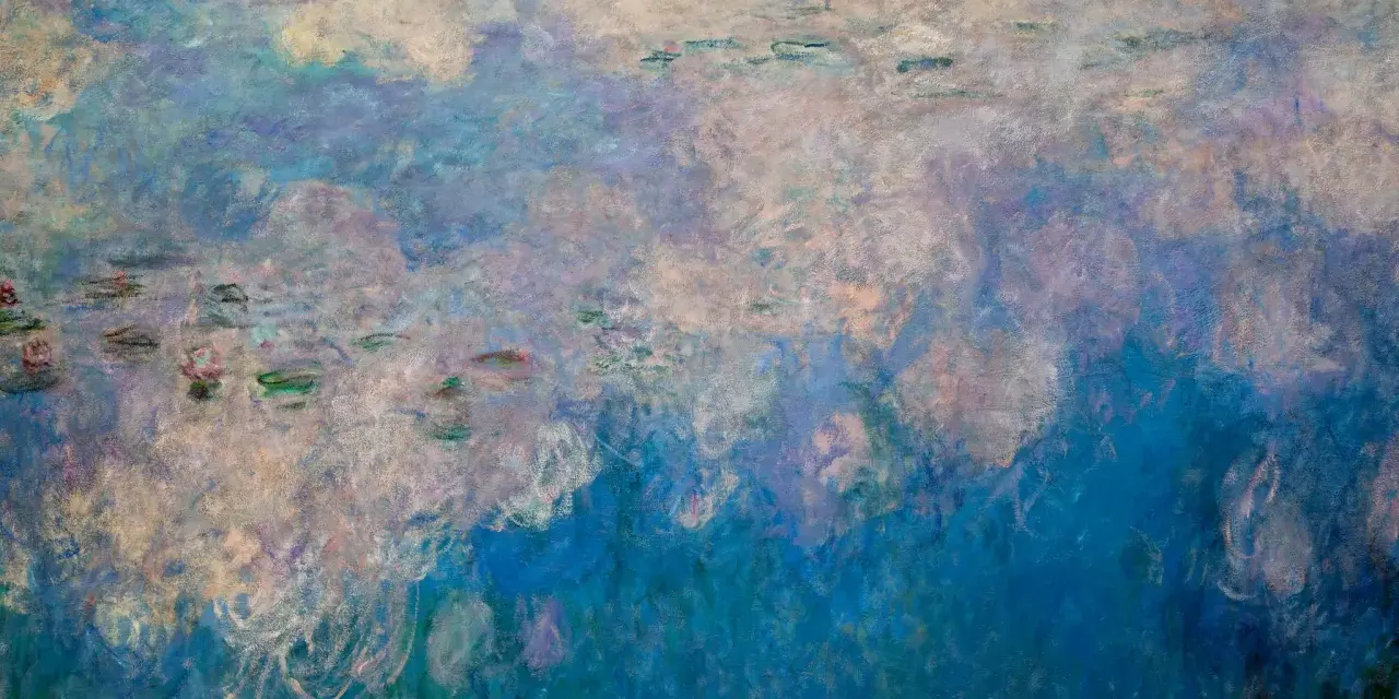 Un étang paisible aux nénuphars roses et verts, baigné de lumière, dans un style Monet.