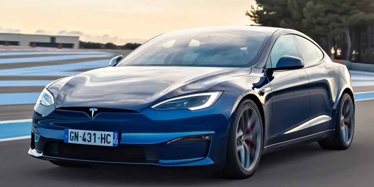 Niebieski Tesla Model S na torze wyścigowym. Sprawdź aktualną tesla model s cena i osiągi tego elektrycznego cudu techniki.