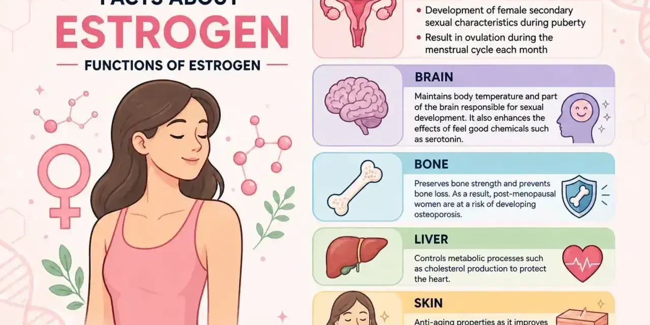 Ilustracja przedstawia funkcje estrogenu: reprodukcyjne, mózg, kości, wątrobę i skórę. Dowiedz się, jak podwyższyć estrogen.