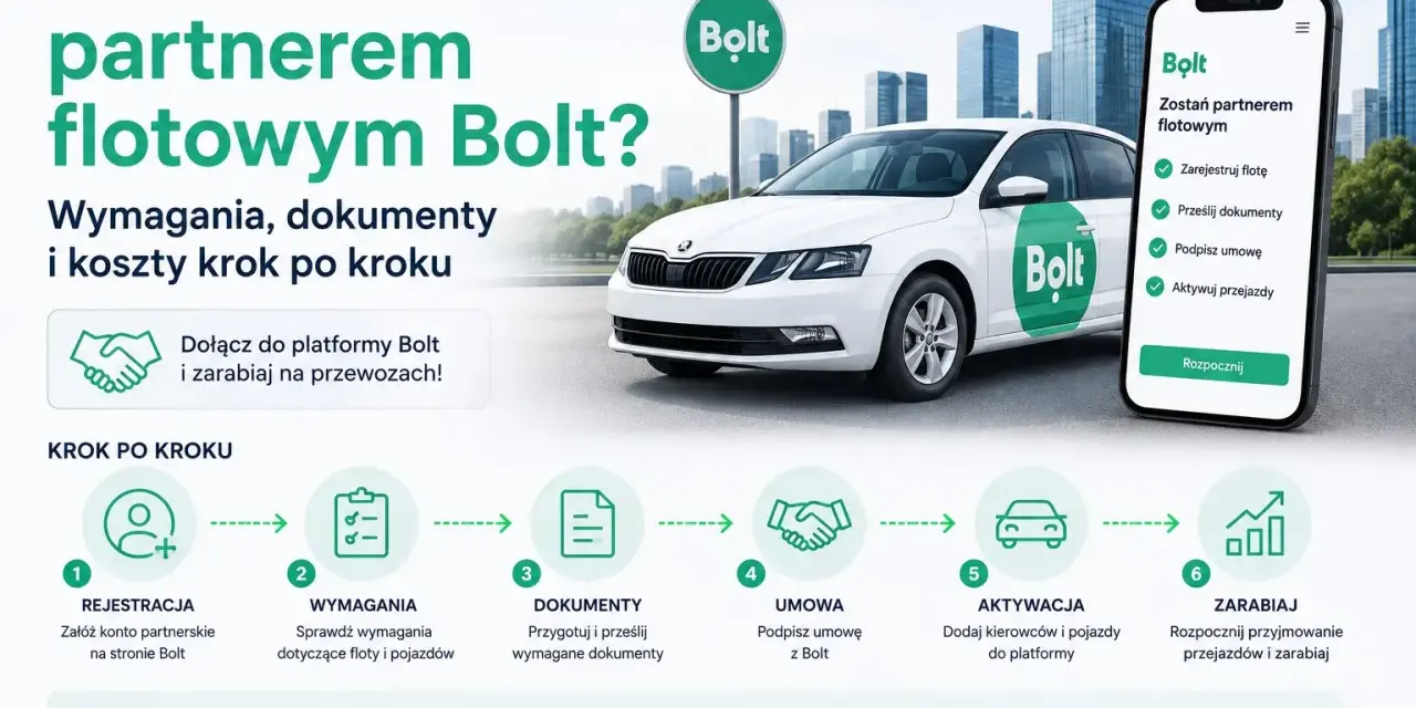 Jak zostać partnerem flotowym Bolt? Zarejestruj flotę, prześlij dokumenty, podpisz umowę i zacznij zarabiać na przewozach.