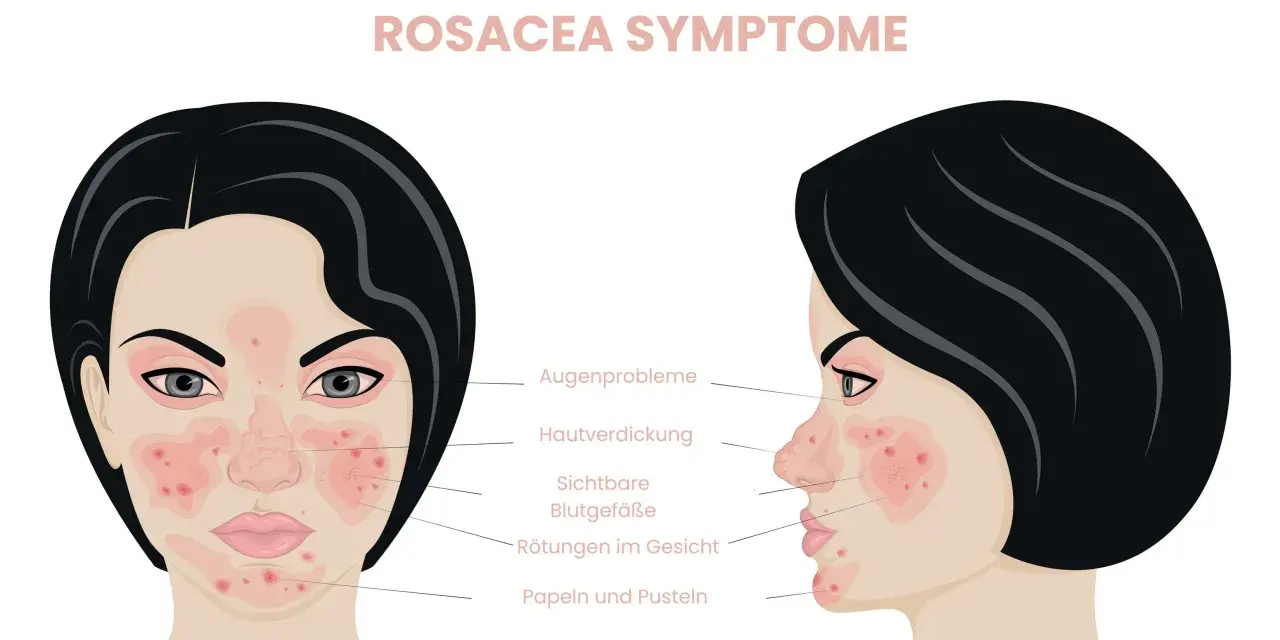 Rosacea-Symptome: Rötungen, sichtbare Blutgefäße, Papeln. Warum kein Hyaluron bei Rosacea? Die Haut ist empfindlich und braucht sanfte Pflege.