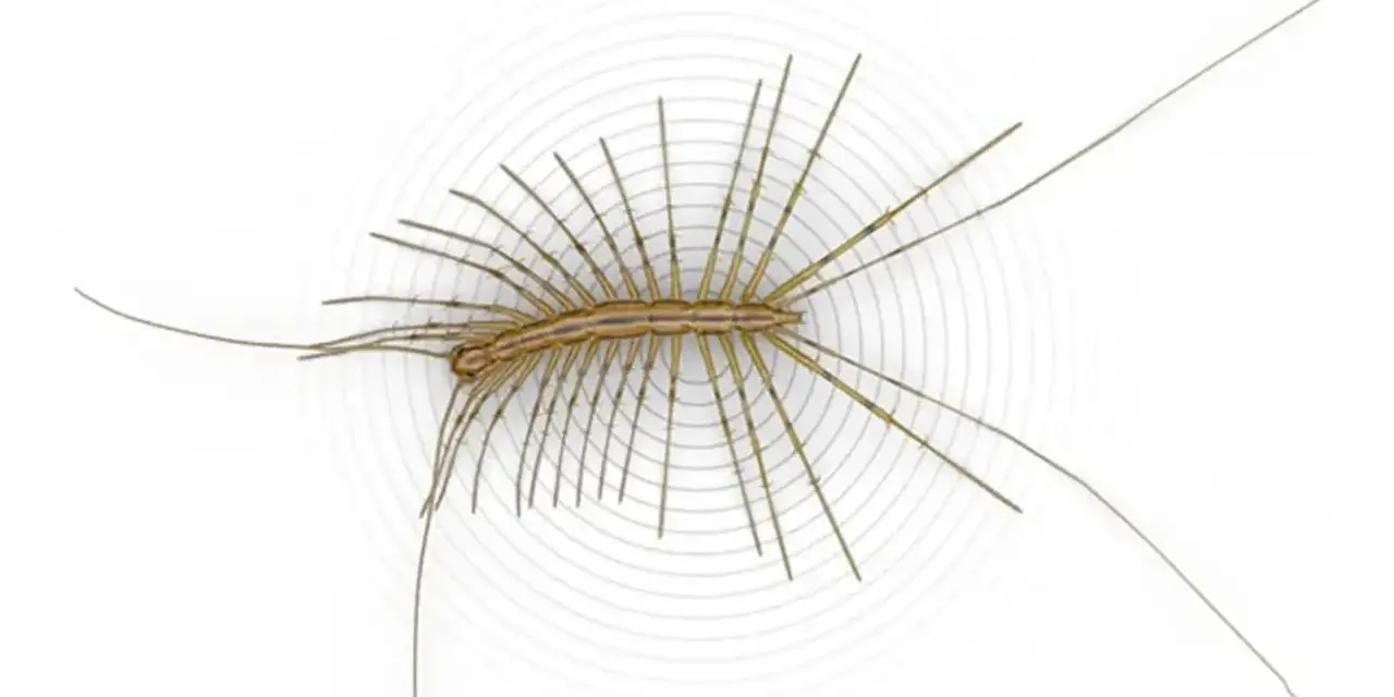 Un ciempiés casero, con sus patas largas y delgadas extendidas, parece flotar sobre un fondo blanco con ondas concéntricas.