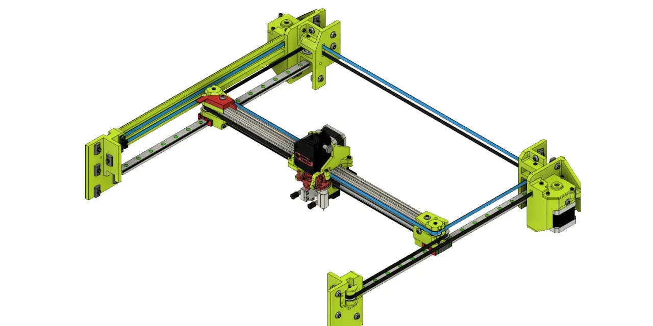 Konstrukcja drukarki 3D z mechanizmem core xy. Zielone elementy, czarne i niebieskie paski napędowe.