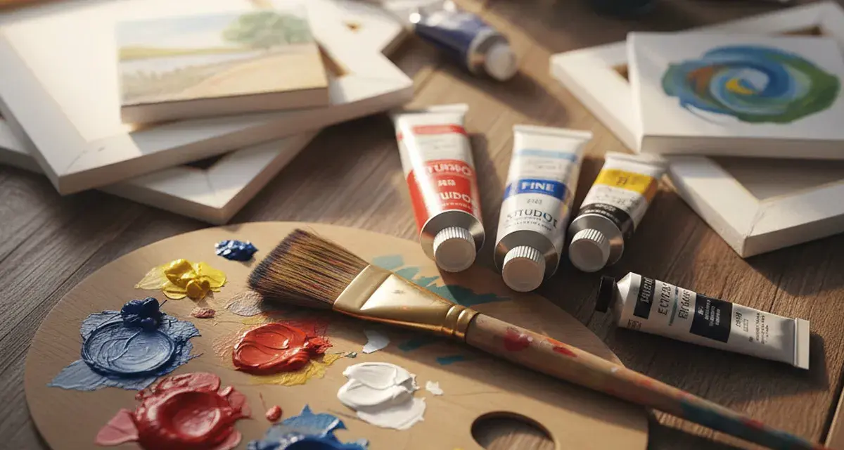 Palette en bois avec des touches de peinture à l'huile, un pinceau, des tubes de couleur et des toiles. Prêt à commencer la peinture à l'huile.