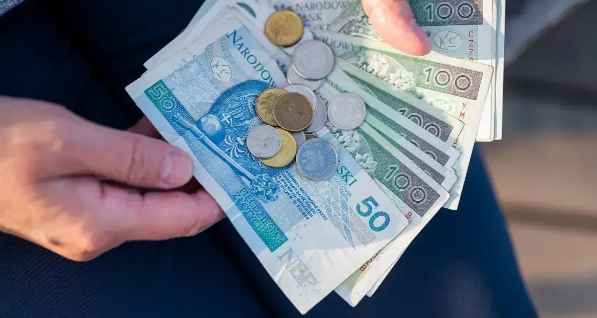 Ręce trzymają polskie banknoty 50 i 100 zł oraz monety. To może być kwota na bon oświatowy.