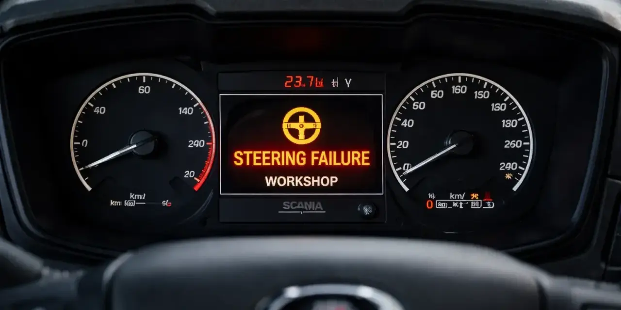 Awaria układu kierowniczego na desce rozdzielczej Scanii. Komunikat "STEERING FAILURE WORKSHOP" sugeruje problem z blokadą kierownicy.