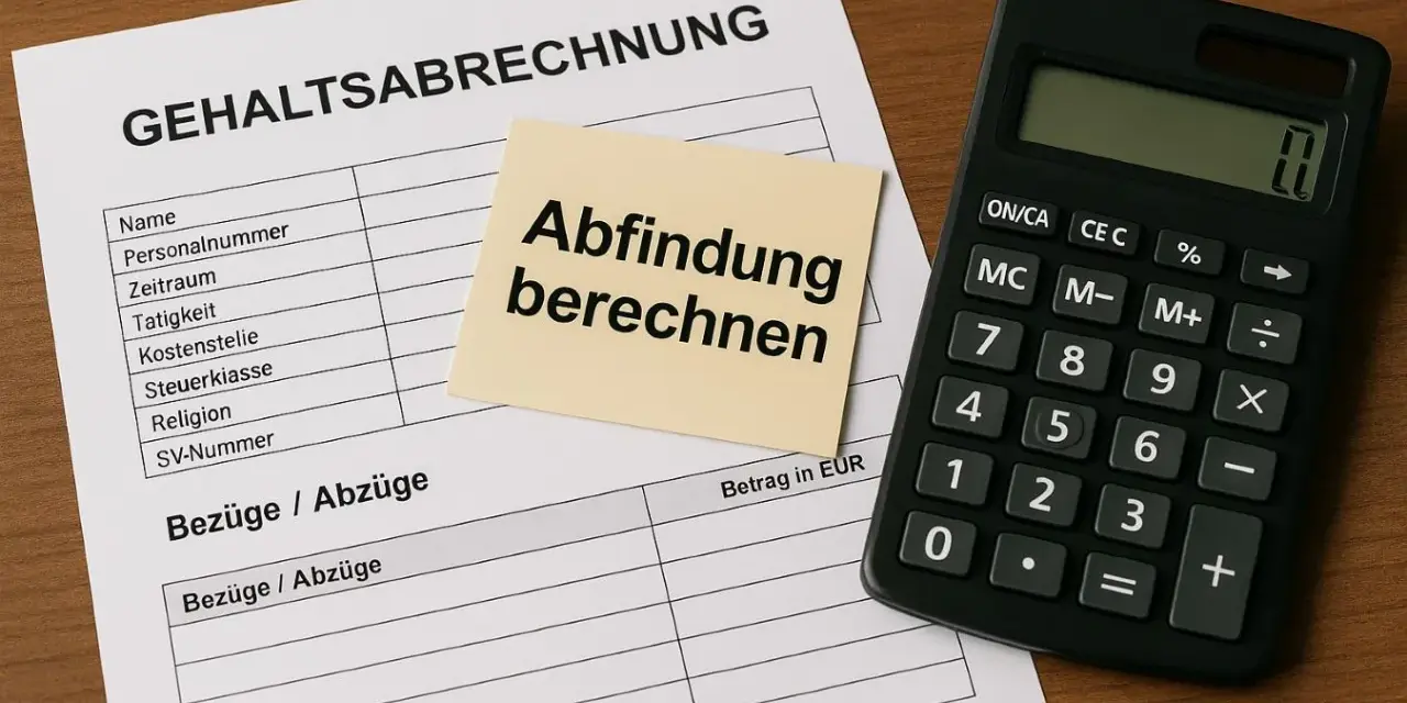 Gehaltsabrechnung mit Notiz "Abfindung berechnen" und Taschenrechner. Wichtig für die Berechnung der Abfindung bei einem Minijob.