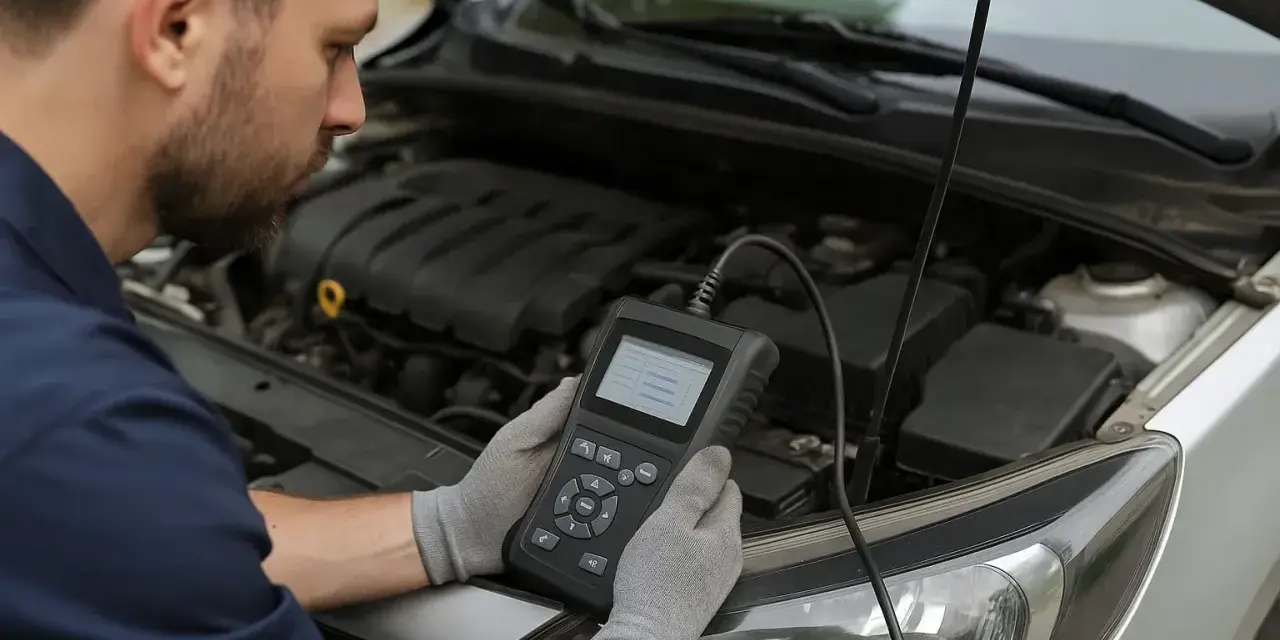 Meccanico con scanner diagnostico controlla perché l'immobilizer auto non parte.