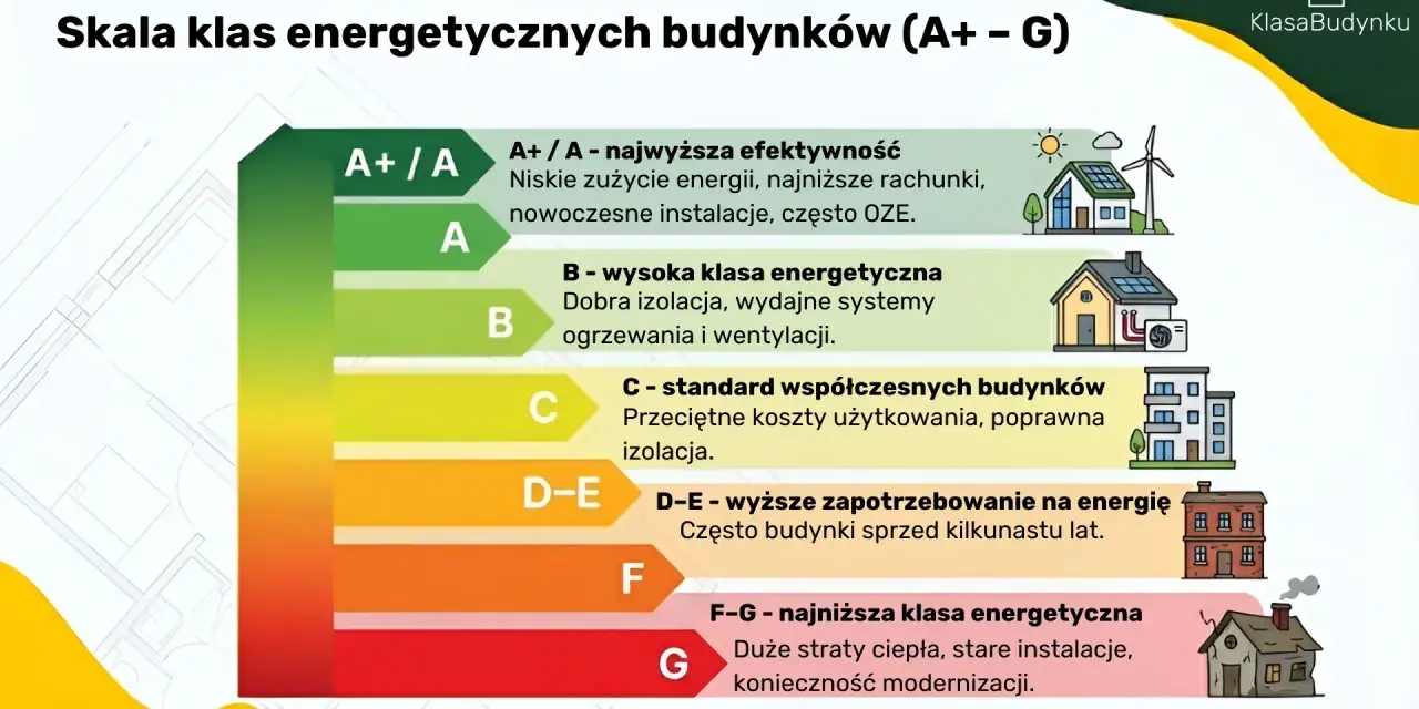 Skala klas energetycznych budynków (A+ do G). Od A+ (najwyższa efektywność, niskie rachunki) do G (najniższa klasa energetyczna, duże straty ciepła).